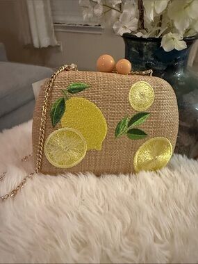 Embroidered Lemon Straw Crossbody Bag in Natural and Yellow